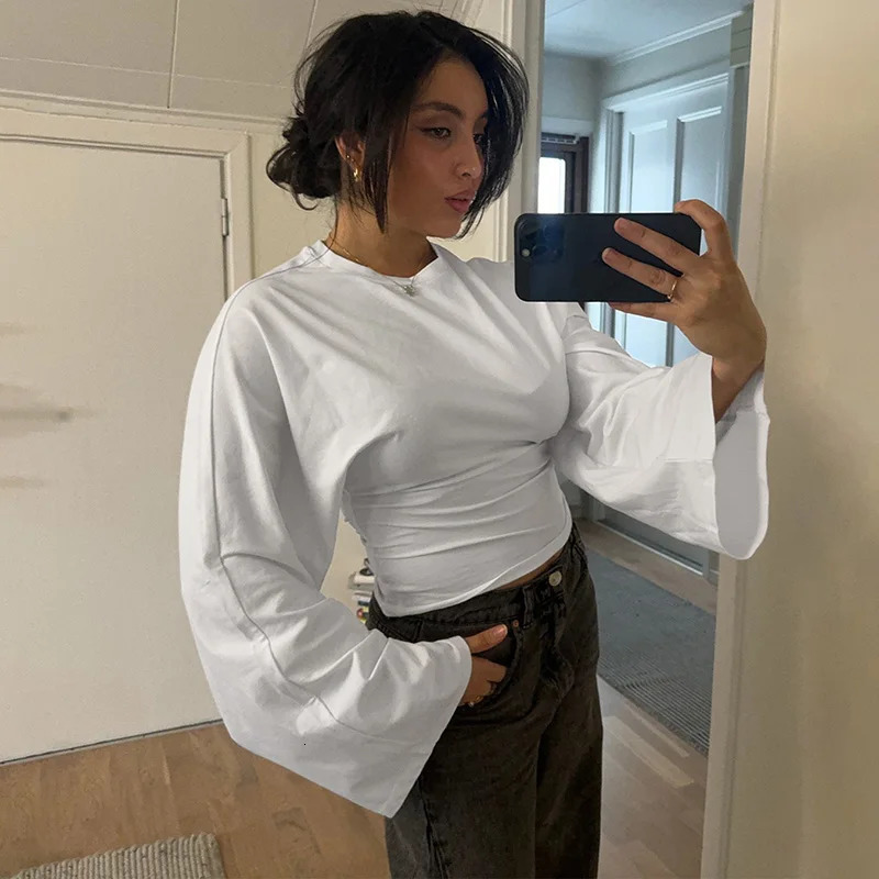 Talenza Casual Solid T Shirt Womens O Neck Long Sleeve Pullover Folds Short Top Female Autumn Basic Fashion Loose 250731