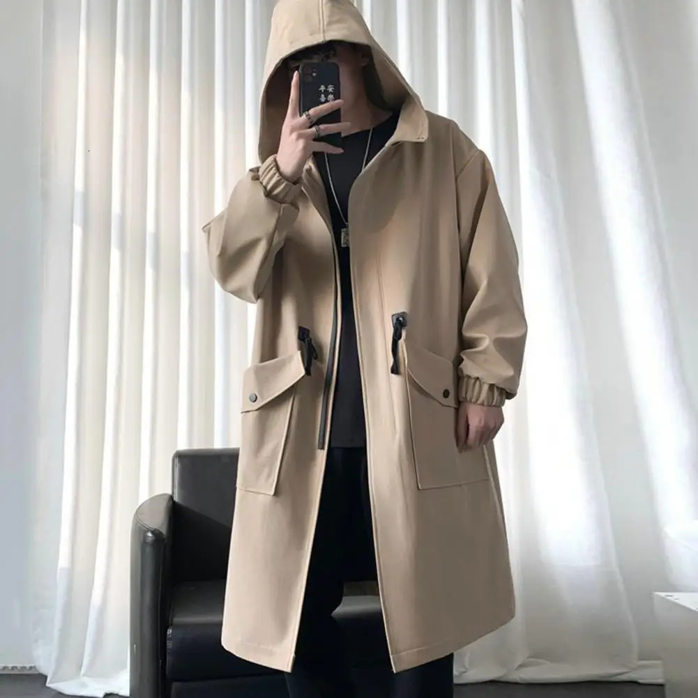 Long Trench Coat Jacket Men Cotton Autumn Spring Black Hip Hop Japanese Coats Streetwear Mens Hooded Army Green Casual Jackets 250729