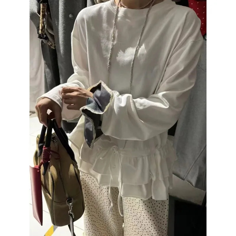 Deeptown Basic Gray Ruffles Knitwear Women Drawstring Long Sleeve Korean Fashion Pullovers Loose Solid Color Casual Autumn 250731