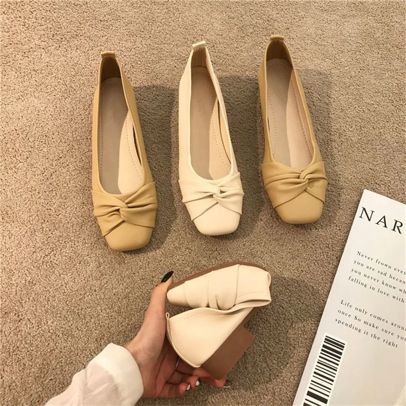 COOTELILI Fashion Flats Shoes Women Flats Square Toe White Beige Non-slip Flats Casual Basic Flat Heel Size 35-40 250731