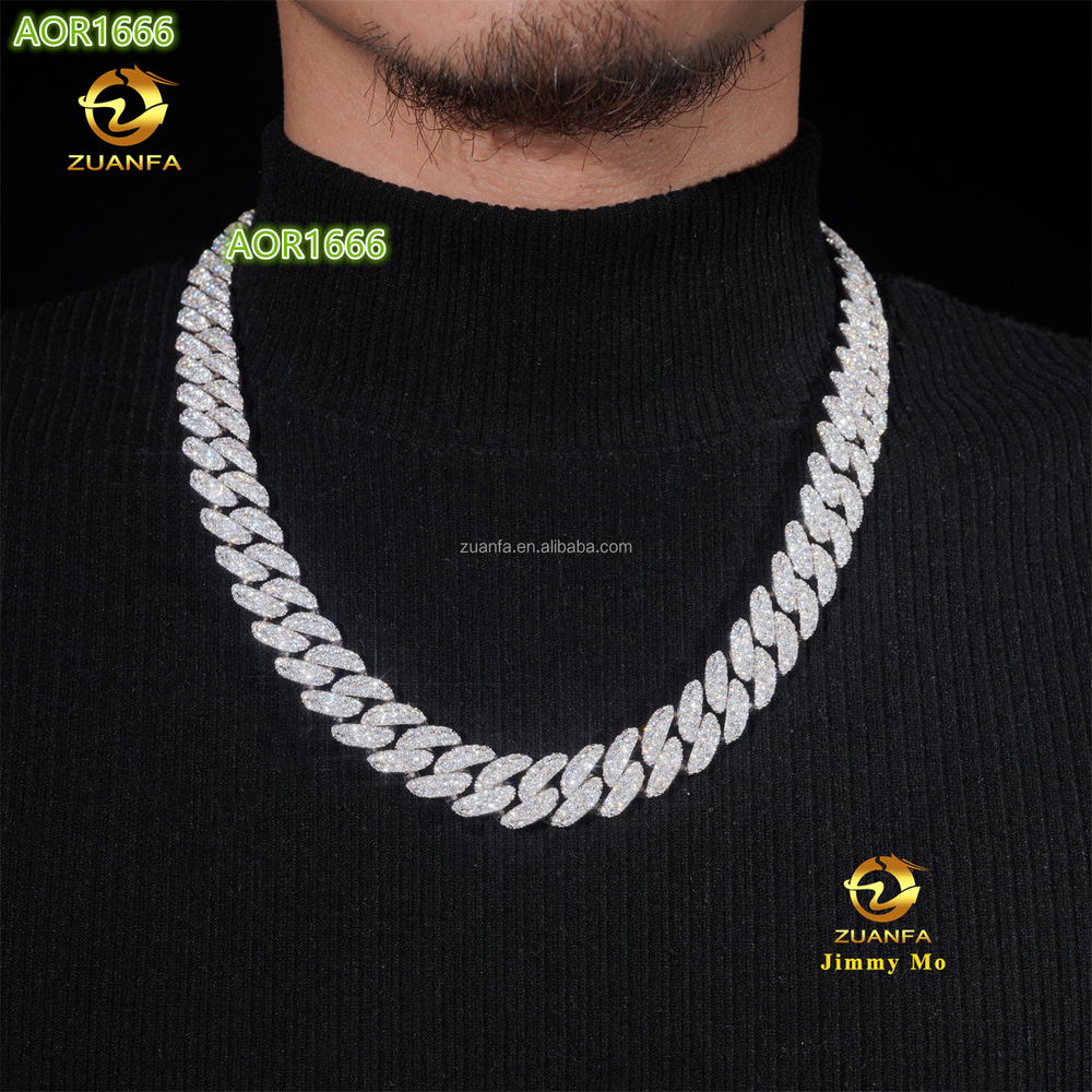 Customized Luxury Rapper Jewelry 16mm Prong Setting GRA 925 Silver Iced Out Hip Hop Moissanite Diamond Miami Cuban Link Chain
