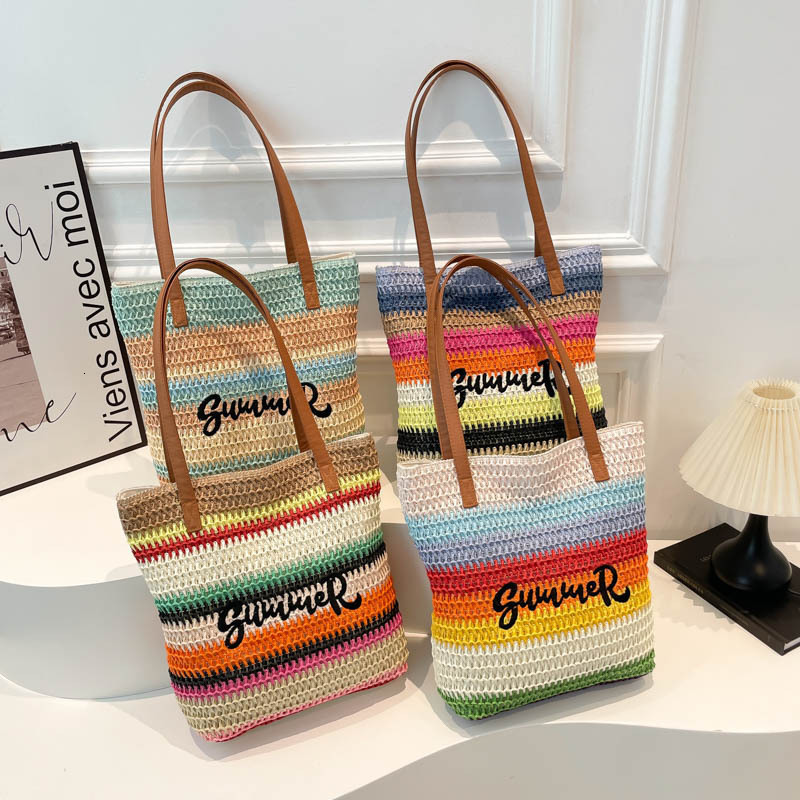 Women's Fashion Rainbow Stripe Knitted Bag Free Shipping Designer Luxury Letter Embroidered Handbag Leisure Vacation Beach Bag Single Shoulder Sh