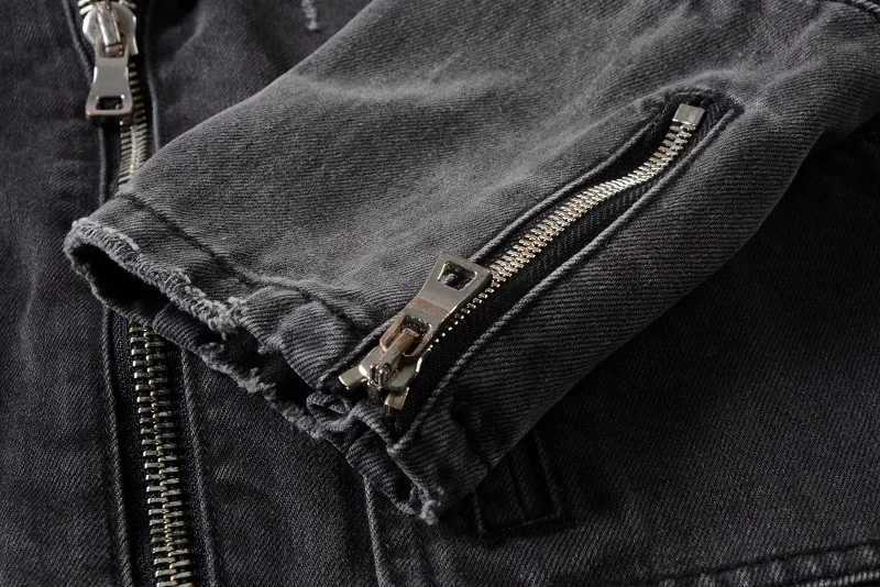 Mens Jacket Zippers Black Denim Jean Biker Jacket Motorcycle Vintage Epaulet Holes Ripped Distressed Coat for Men XJ250801