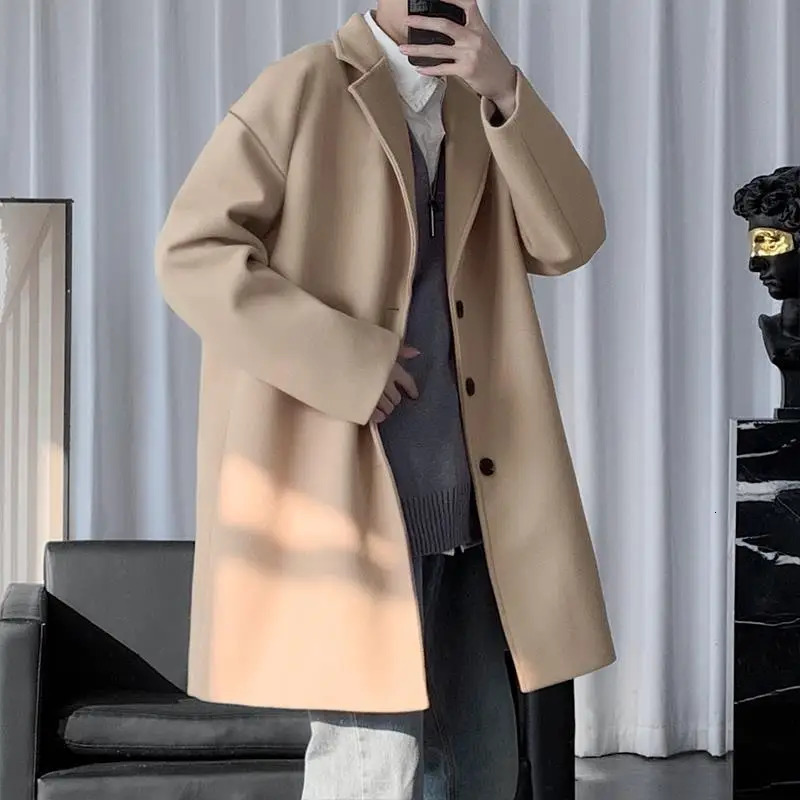 Fashion Mens woolen Coats Solid Color Single Breasted Lapel Long Coat Jacket Casual Overcoat Trench Spring and Autumn 250729