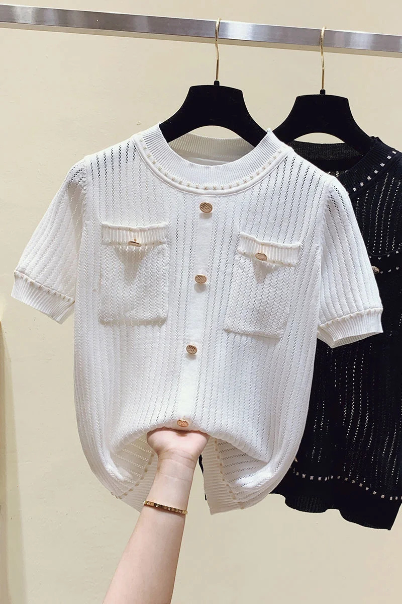 Summer Casual Button Thin Knitted T Shirt Women Hollow Out Tee Femme Tops Shirts Female Tshirt Woman Clothes White 250731