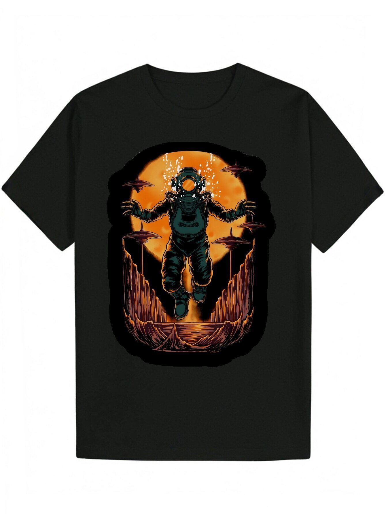 Men's Casual Crew Neck T-Shirt, 100% Polyester Knit Fabric, Regular Fit, with Astronaut Pattern Print, Suitable for Summer T-Shirt