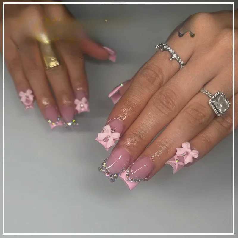 Pink French Square Press On Nails with Rhinestone Flower Bow Design - 24 Piece Short Blush False Nail Tips Art Set R250807