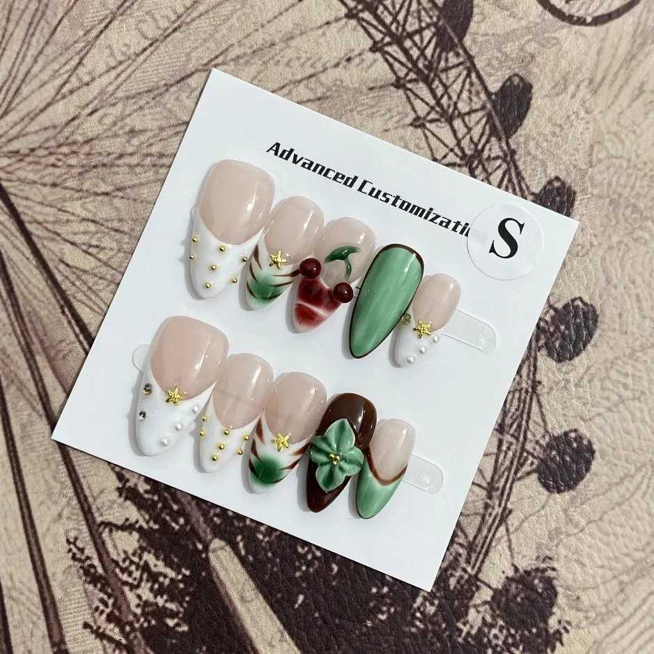 Handmade Press-On Nails with 3D Hand-Carved Flower Design - 10 Piece Set Elegant and Fashionable Nail Tips R250807