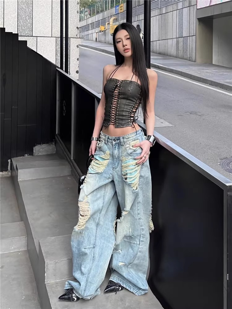 2025 Summer New Street Style Women's Low Waist Wide Leg Teared Jeans Summer Thin Loose High Waist Long Beggar Pants Designer Women's Pants
