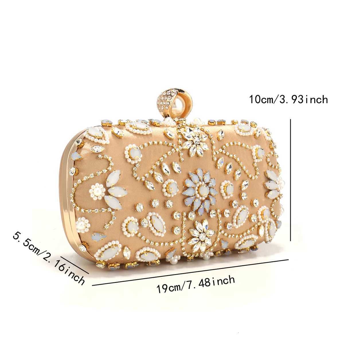 Vintage Style Embroidery Satin Evening Bags Rhinestones Party Small Clutch Handbags Metal Pearl Diamonds Flap Golden Purse Y250731