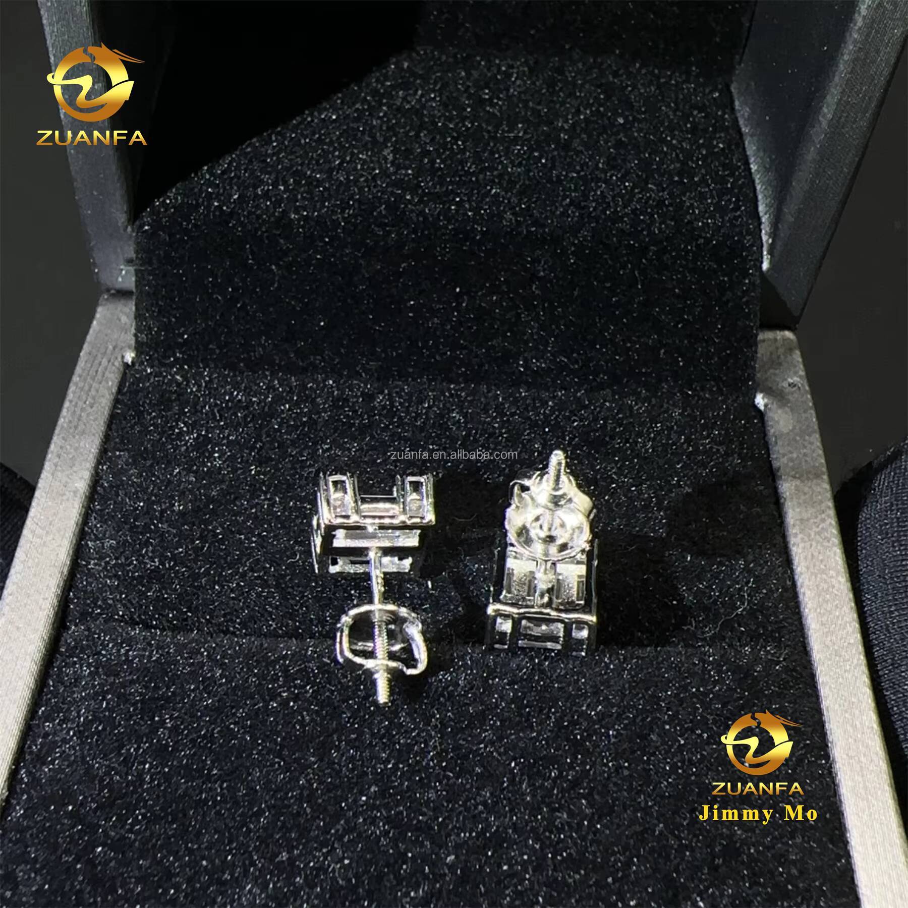 Best Selling Stock Iced Out Man Stud Earrings Baguette Moissanite Diamond Screw Back Setting Hip Hop Stud Earring 925 Silver