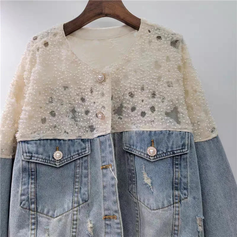 DEAT Womens Denim Coat Patchwork Lace Pearls Elegant Single Breasted Broken Holes Jackets Summer Fashion 29A797 250731