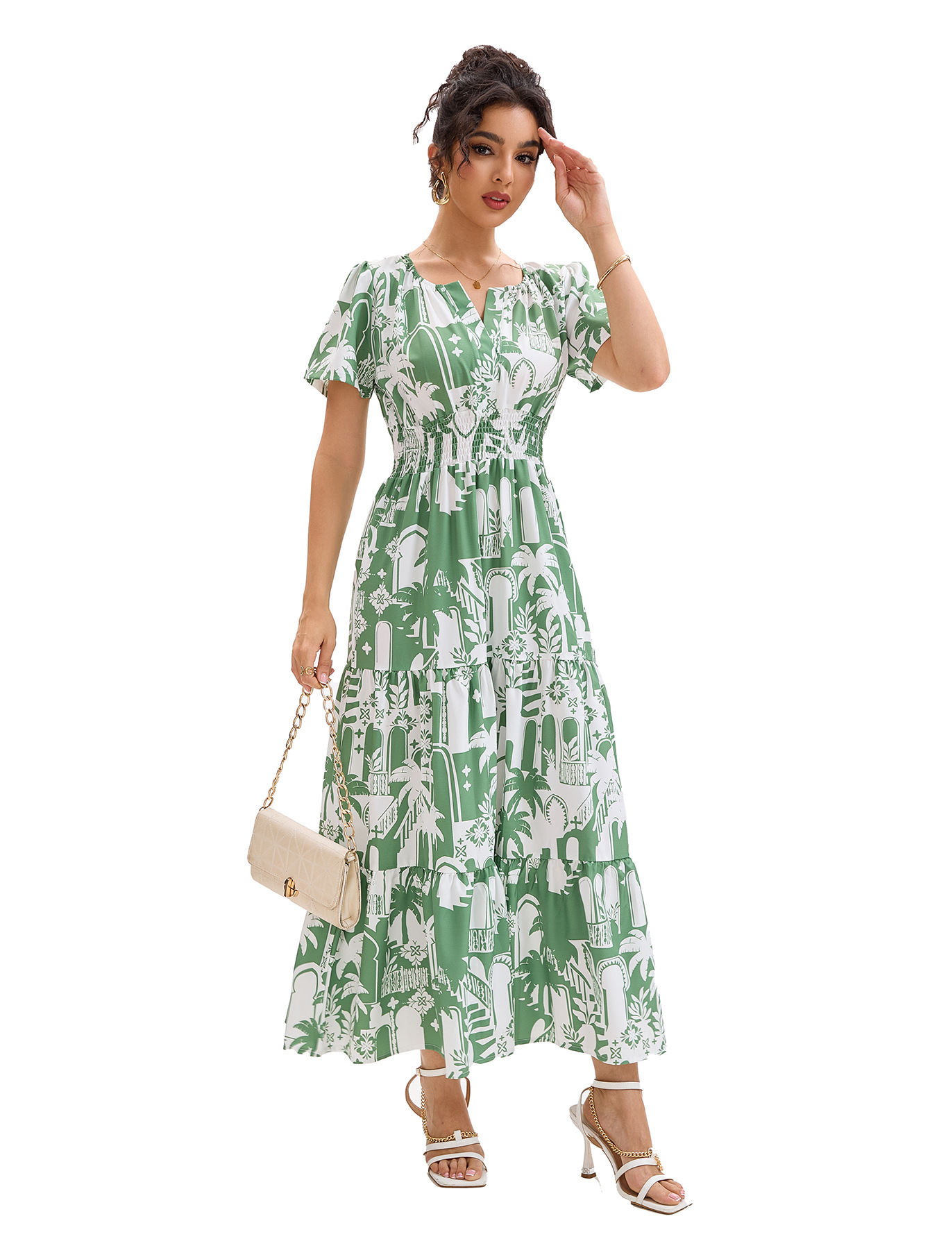 K731New small fresh coconut tree holiday dress fashionable temperament waist splicing dress