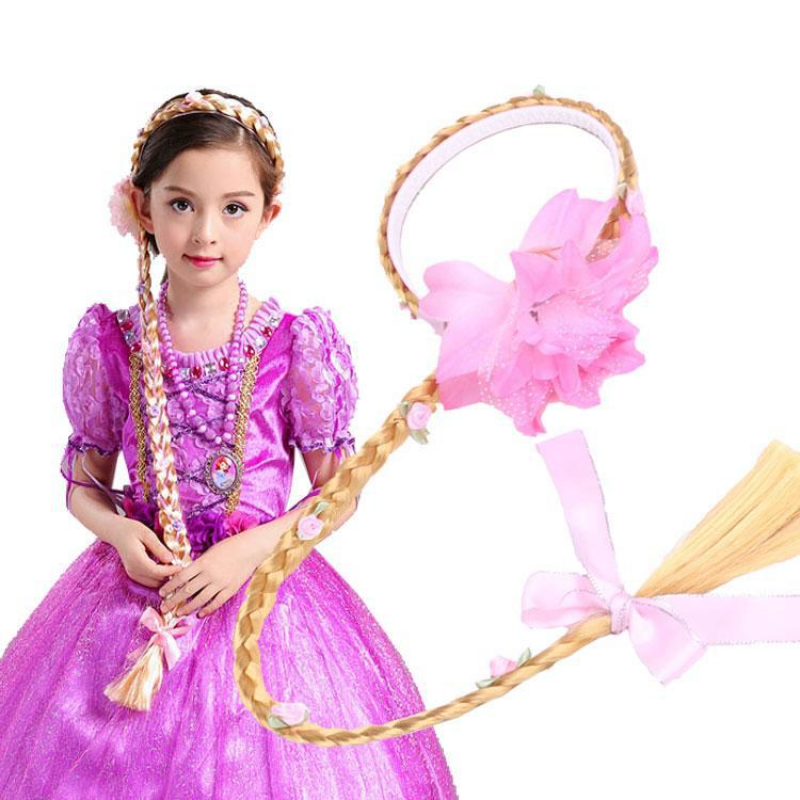 Children's wig with long braids princess style headband Snow Princess hair clip floral girl's hair accessory butterfly and flower decoration