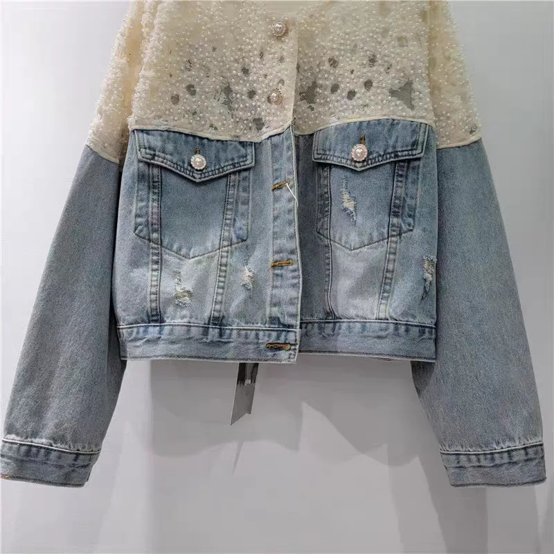 DEAT Womens Denim Coat Patchwork Lace Pearls Elegant Single Breasted Broken Holes Jackets Summer Fashion 29A797 250731