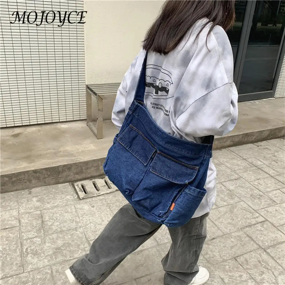 Large Capacity Japanese Harajuku Denim Messenger Bag Retro Shoulder Bag for Women Travel and School Use 250731