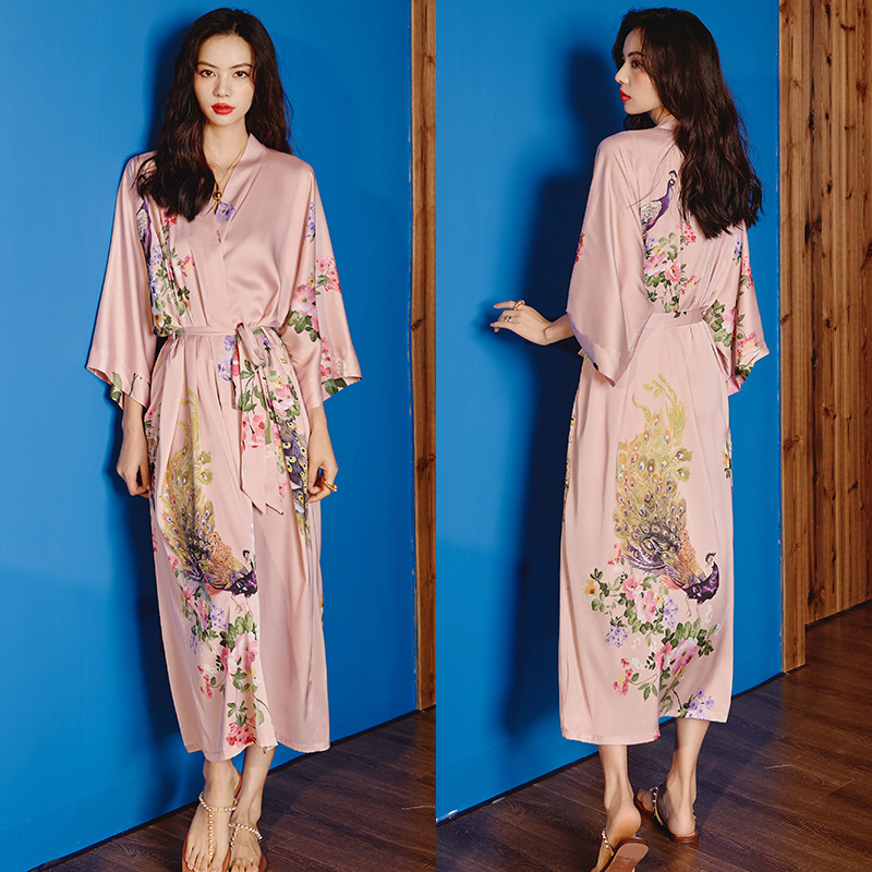 High - quality light - luxury new Chinese - style long - sleeve ice - silk pajamas for women Printed nightgown for spring and autumn with V - neck loo