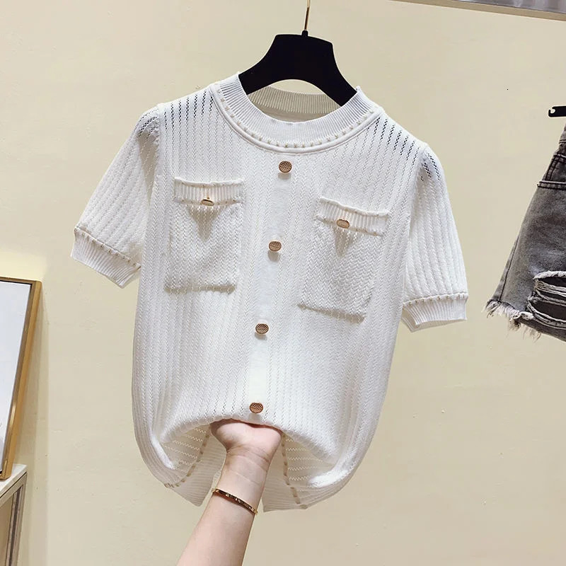 Summer Casual Button Thin Knitted T Shirt Women Hollow Out Tee Femme Tops Shirts Female Tshirt Woman Clothes White 250731