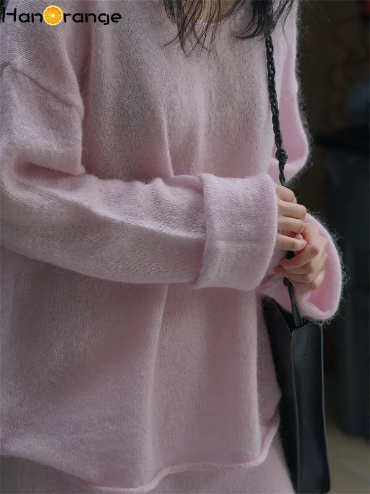 HanOrange Spring Lazy Vneck Mohair Sweater Women Loose Comfortable Hollow Knit Top Female Pinkcoffee 250731