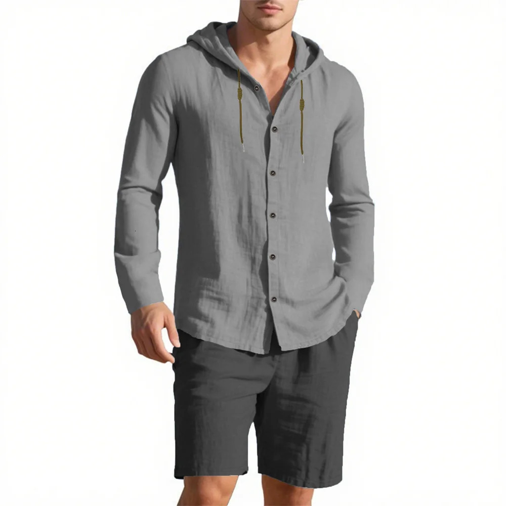 Mens Summer Shirt Sets Cotton Linen Beach Style Vacation Casual Solid Color Hooded Shirt Loose Fit Fashion Male Suit 250724
