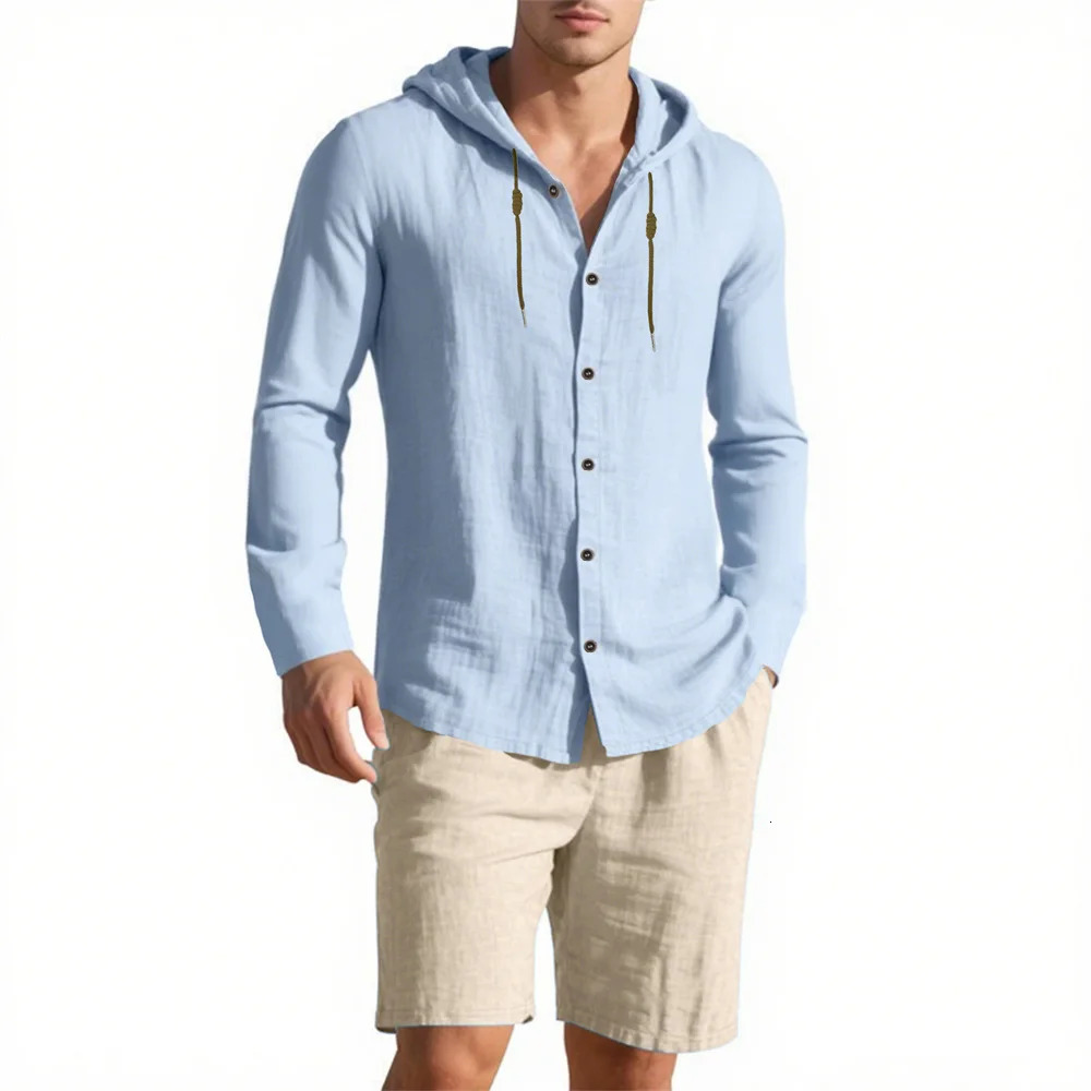 Mens Summer Shirt Sets Cotton Linen Beach Style Vacation Casual Solid Color Hooded Shirt Loose Fit Fashion Male Suit 250724