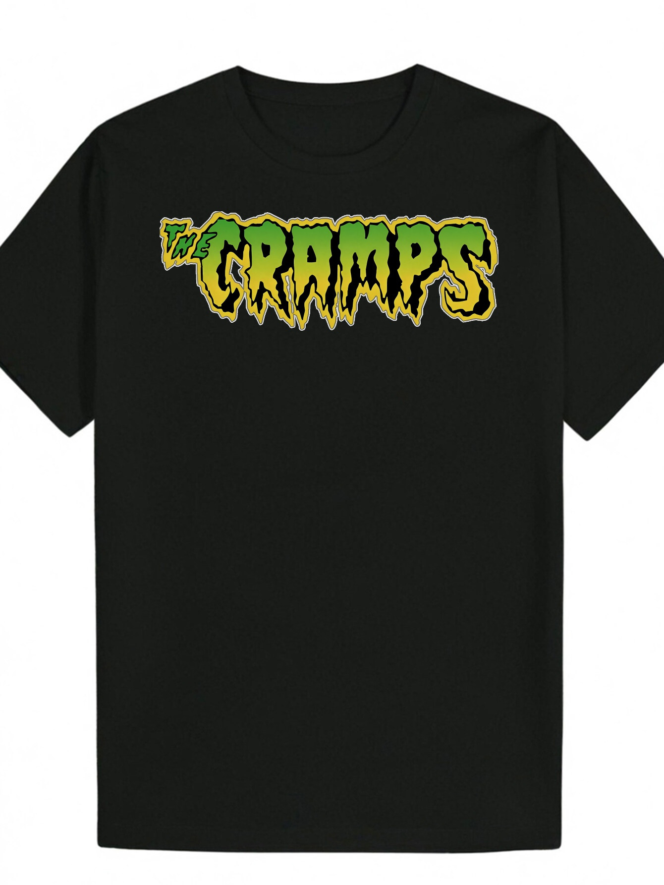 Men's Summer Crew Neck T-Shirt - 'The Cramps' Graphic T-Shirt, Black with Yellow Letters, Fiber, Regular Fit, Suitable for Casual Wear,