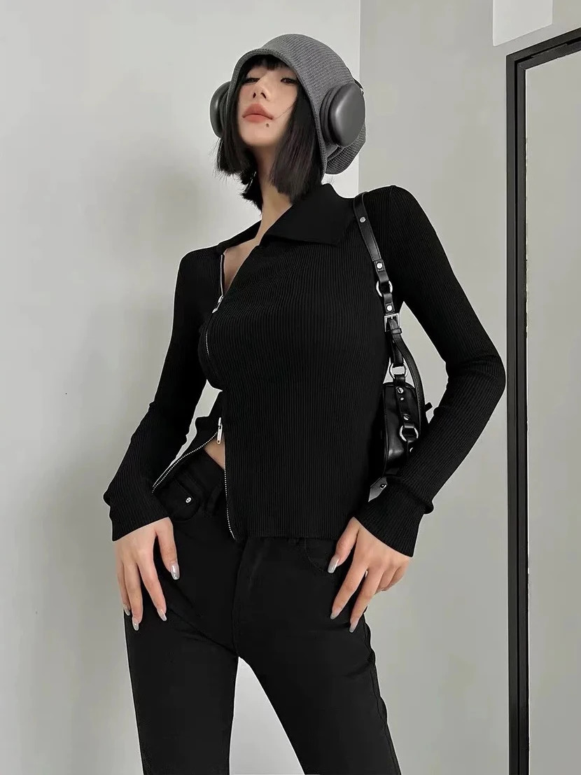 Spring Y2K Grunge Slim Knitted Sweater Cardigan Zipper Lapel Top Vintage High Strecth Jumper Clothes C243 250731