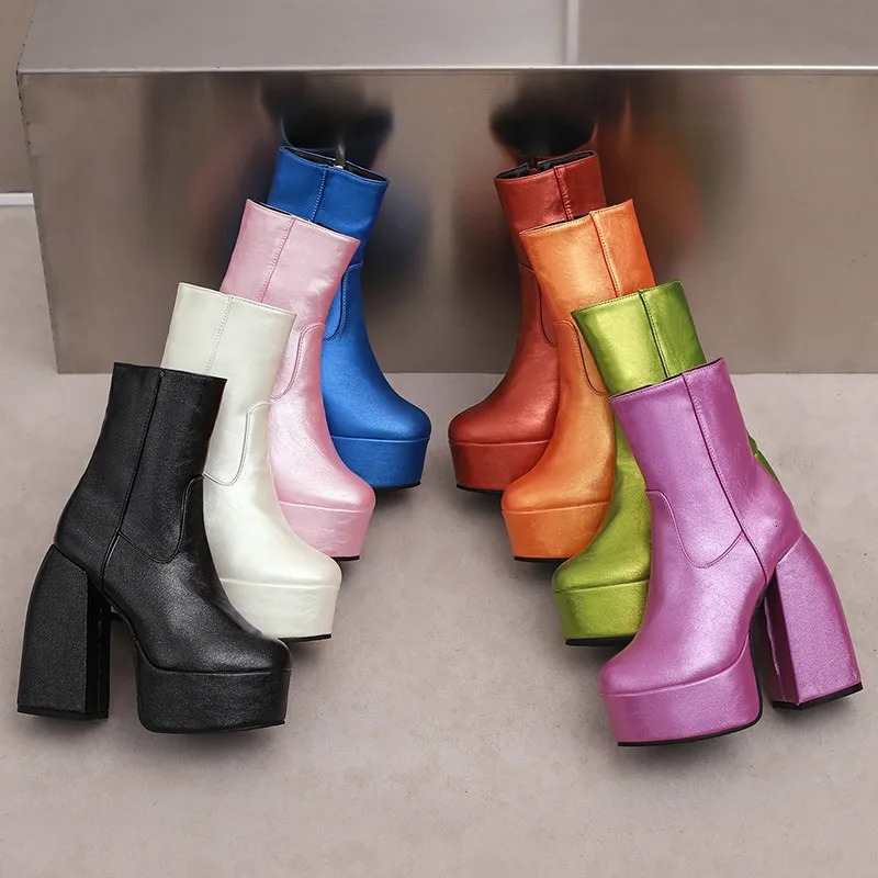 Sexy Chunky High Heels Ankle Shoes For Women Punk Style Zipper Thick Platform Green Blue Red Short Booties Plus Size 47 250801