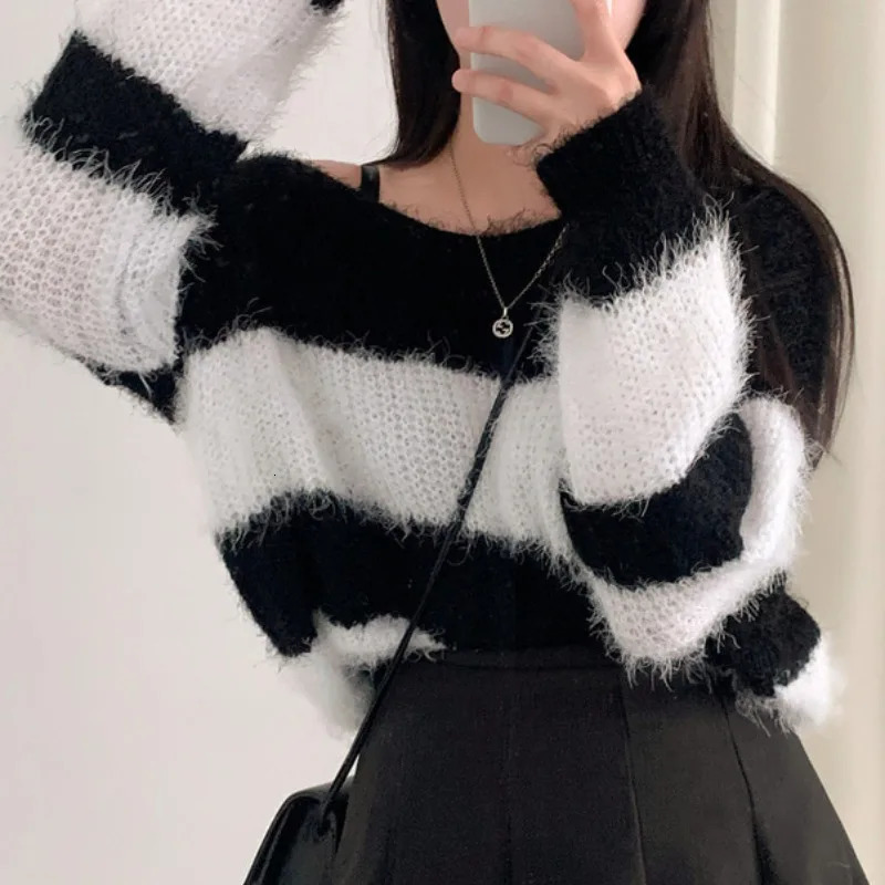 HELIAR Women Striped Patchwork Sweater ONeck Long Sleeve Mohair Elegant Pullovers Warm Loose Jumpers Autumn Winter 250731