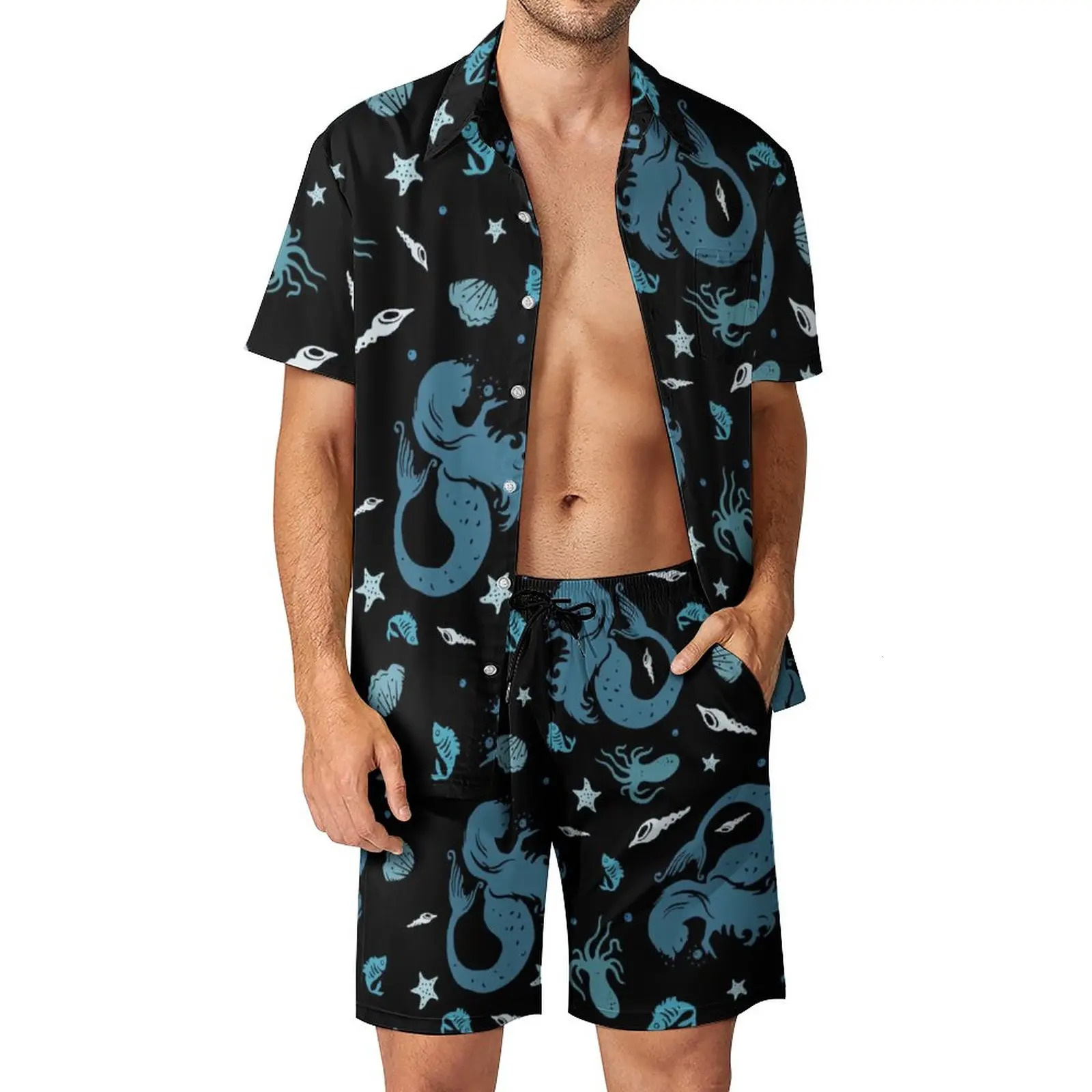 Mermaid Scales Men Hawaiian Shirt Sets Purple Blue Splash Abstract Casual Shorts Vintage Beach Shirt ShortSleeved Graphic Suit 250724