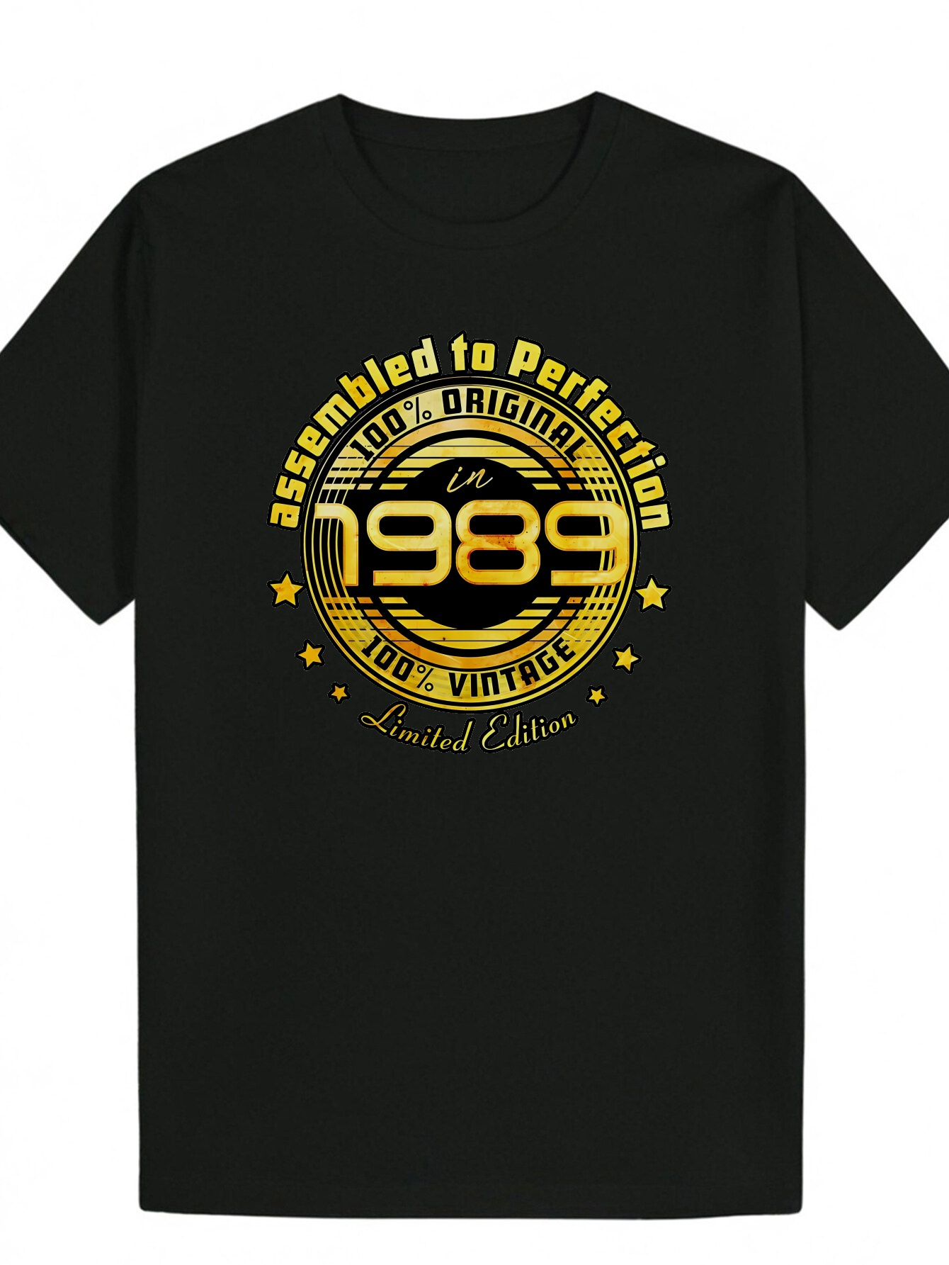 Men's 1989 Graphic - Limited Edition Casual T-Shirt, Bold Yellow Font and Star Design, Breathable Polyester Crew Neck Summer Shirt, Machine Washa