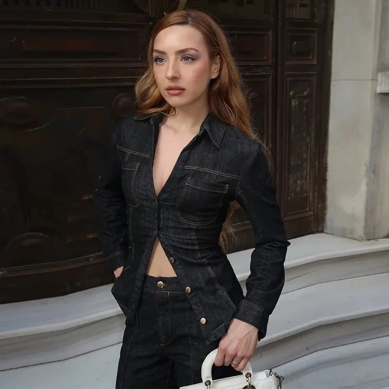 MUJER 2025 Denim Womens Pants Sets Button up Shirt Two Piece Outfits Woman High Waist Trousers Suits Spring Lady 250724
