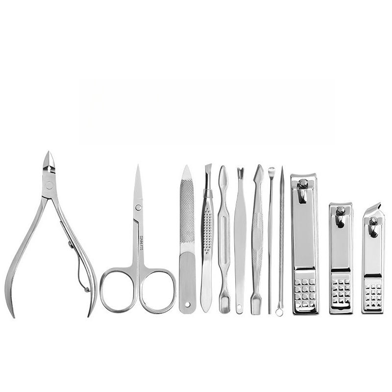 Stainless Steel Nail Clippers - Elegant 12-Piece Kit + Exclusive Leather Carrying Pouch