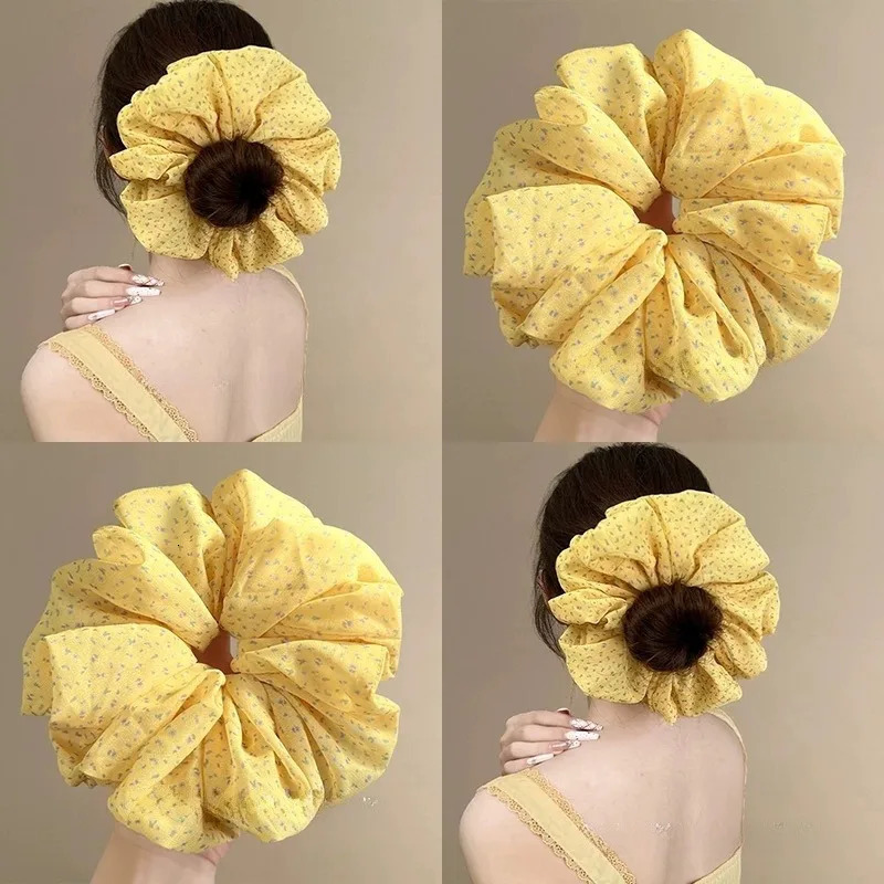 Yellow Floral Print Chiffon Scrunchie with Elastic Band for Womens Girls Ponytail and Bun Hairstyles Hair Accessories 250730
