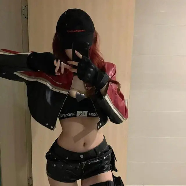 Short Motorcycle Leather Jacket Black and Red Stitching Long Sleeved with Retro Stripes Women Vintage Racing Coat 250731