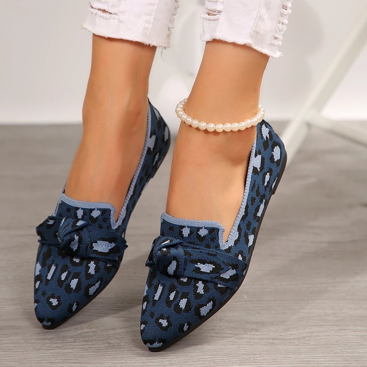 Leopard Print Flat Shoes for Women Shallow Slip-On Bow Shoes for Women 250731