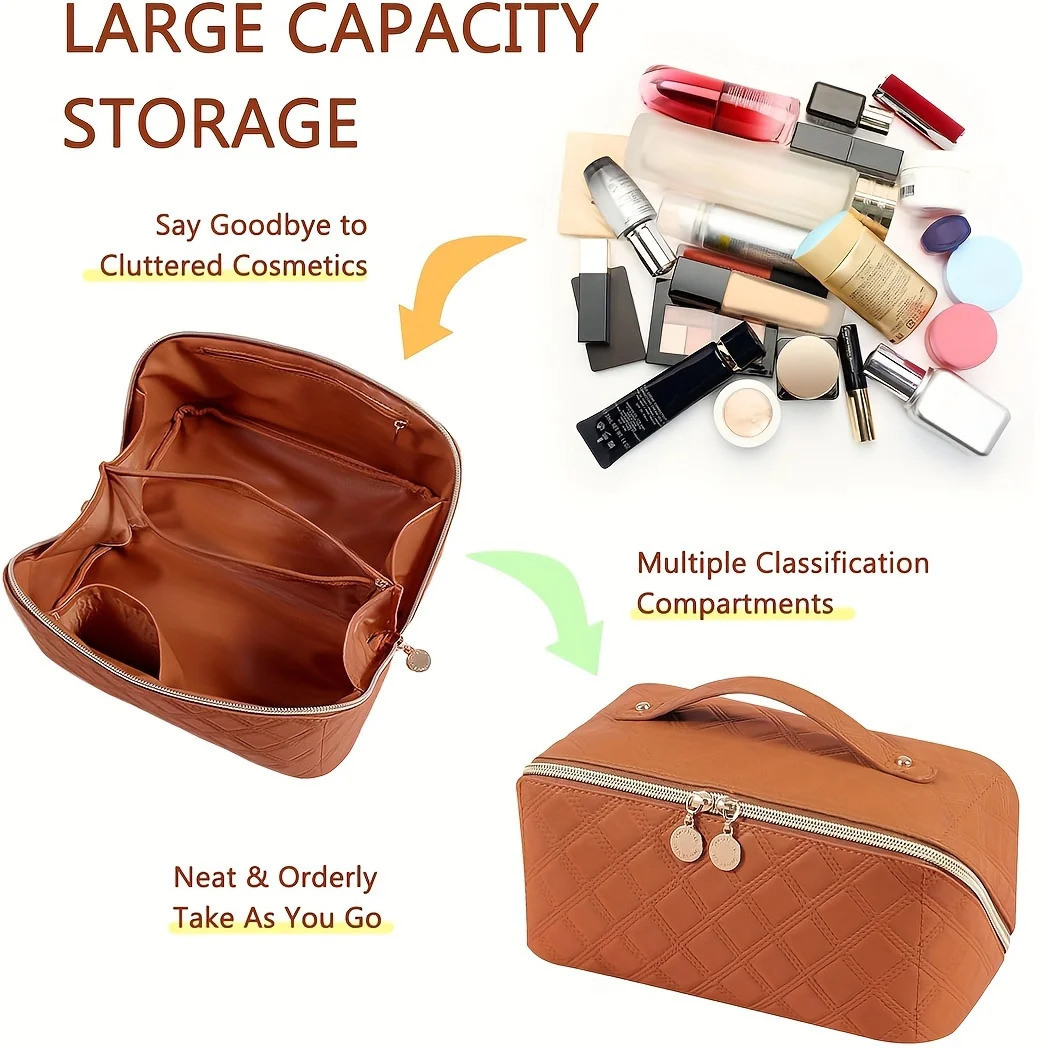 Travel Makeup Bag Large Opening Makeup Bag Portable Water Resistant Make Up Bags PU Leather Cosmetic Bag with Compartment 250731