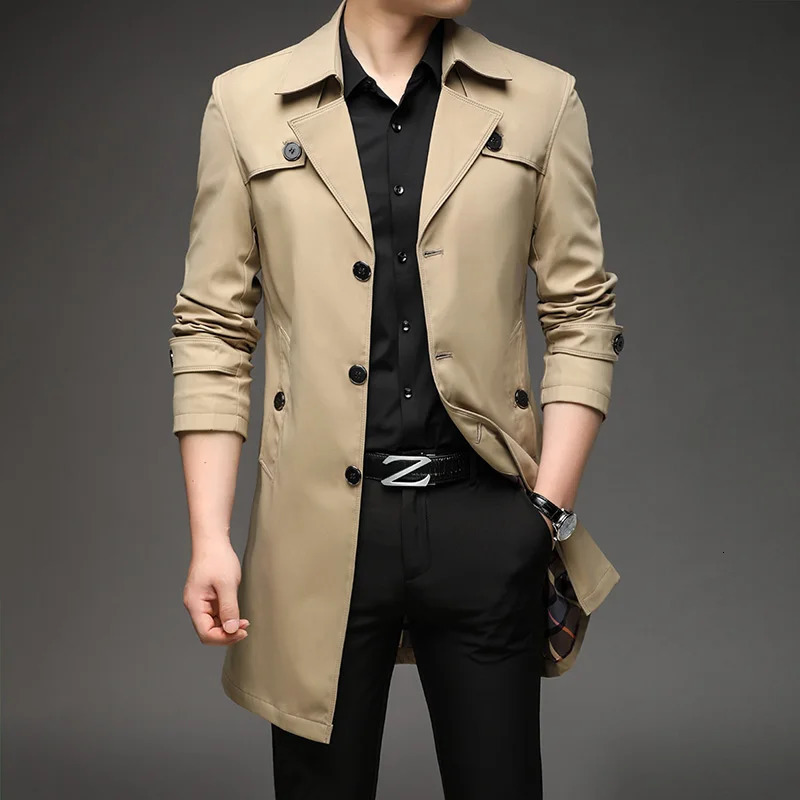 Spring Autumn Long Trench Men Fashion Business Casual Windbreaker Coat Mens Solid Single Breasted Outerwear Plus Size 5Xl 250729