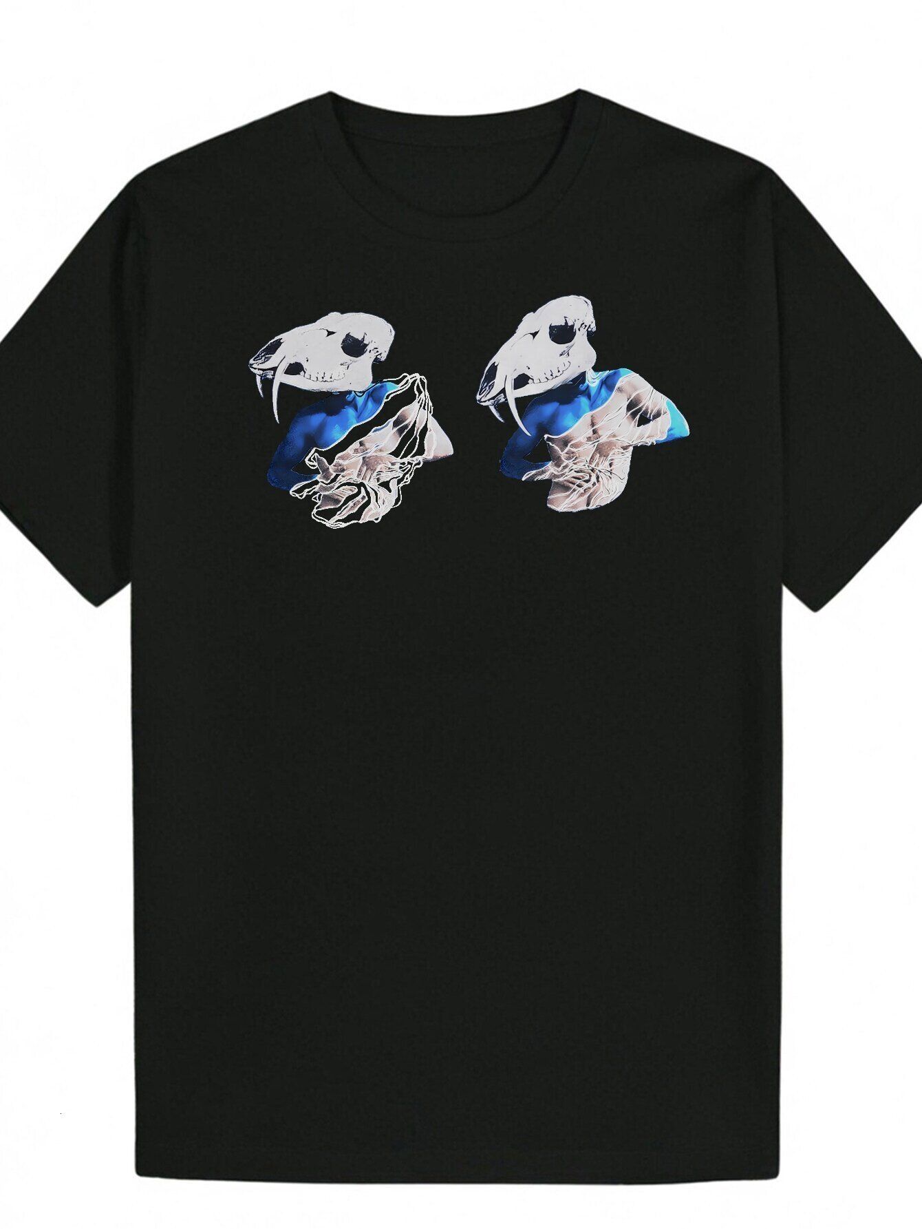 Men's Summer Pattern Printed T-Shirt - Black, Dinosaur Skeleton Design, Round Neck, Casual Fit, Machine Washable, Breathable Clothing Modern Fash