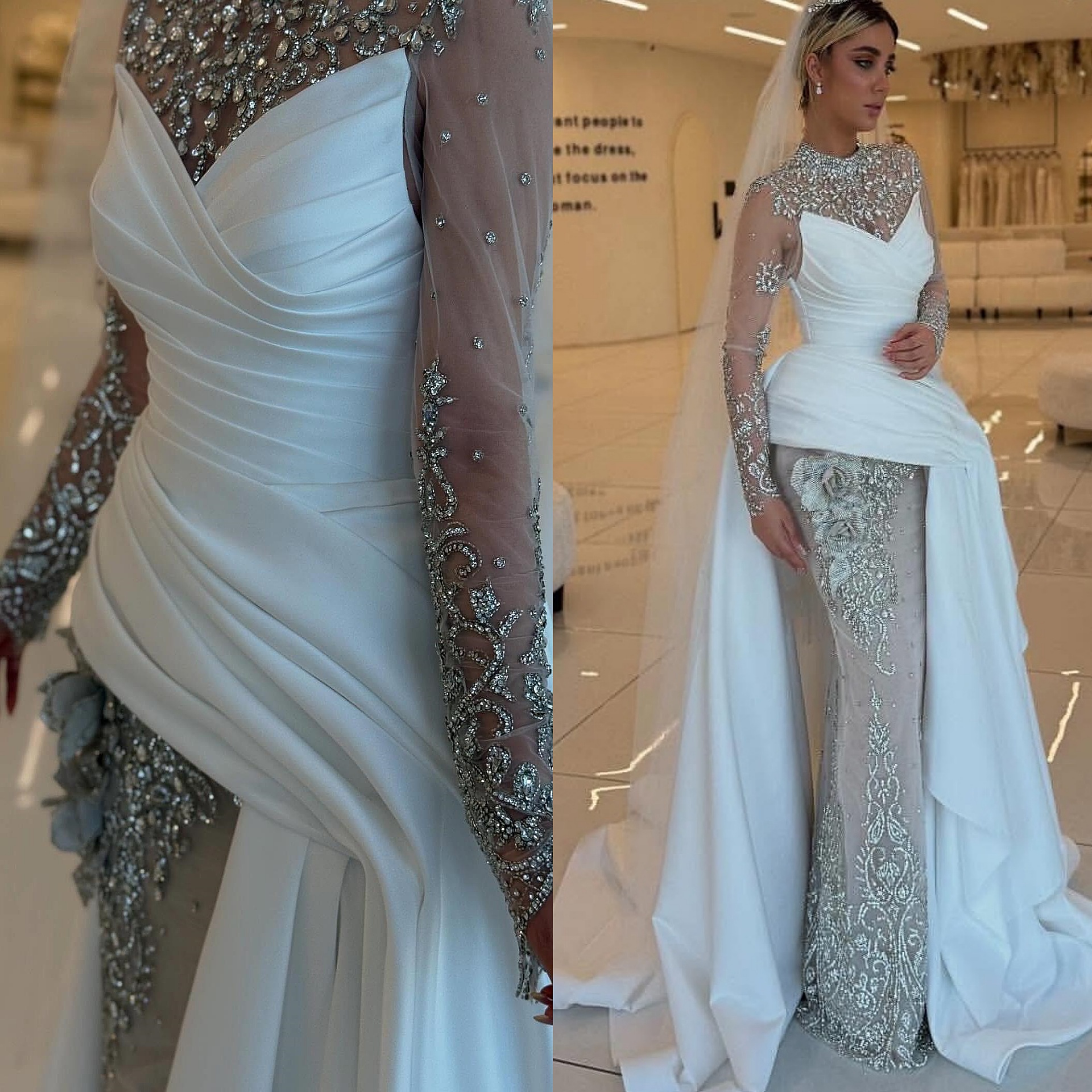 2025 Aso Ebi Plus Size Ivory Sheath Wedding Dress Crystals Lace Flower Satin Illusion Full Sleeves Vintage Bridal Gowns Dresses ZJ065
