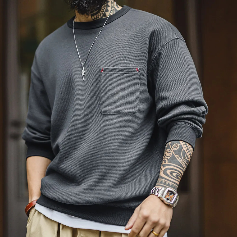 Maden Casual Waffle Knit Pocket Hoodie Mens Spring Loose Fit Long Sleeve Pullover Round Neck Sweatshirt Comfortable TShirt 250729