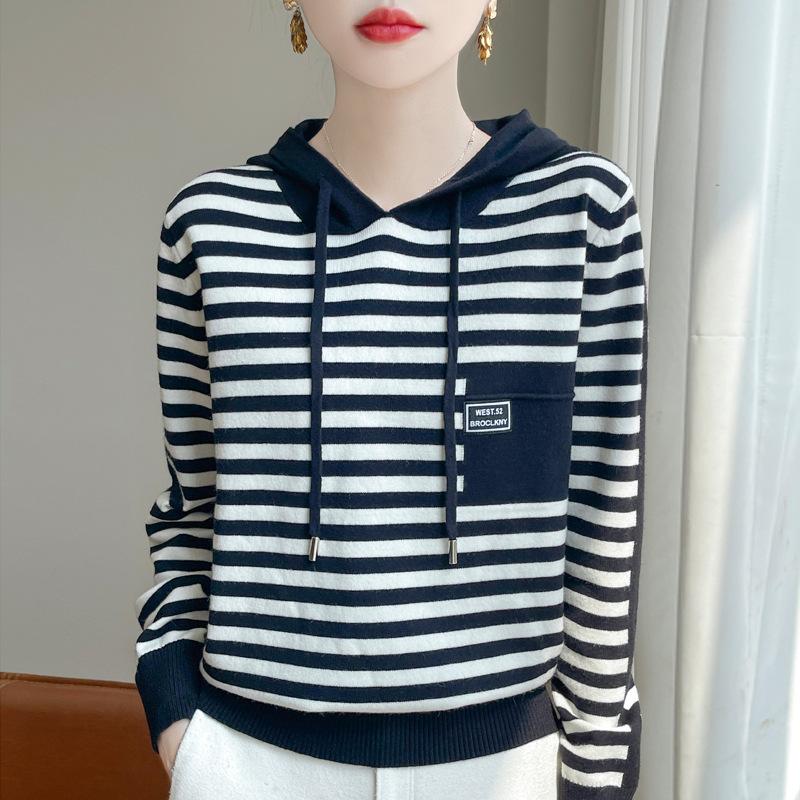 Women's autumn and winter striped hoodie knitted blouse loose large size fashion western style hooded casual sweater