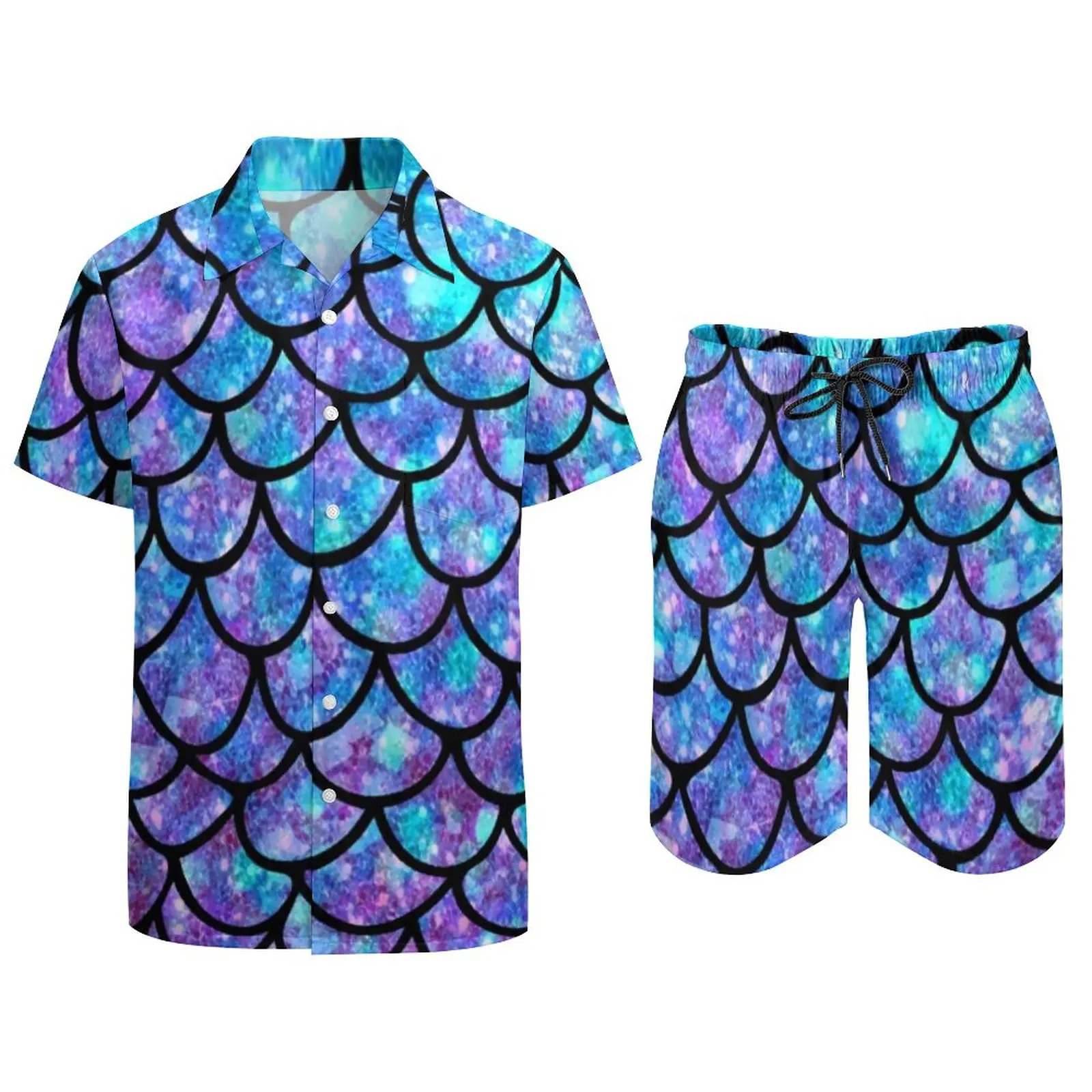 Mermaid Scales Men Hawaiian Shirt Sets Purple Blue Splash Abstract Casual Shorts Vintage Beach Shirt ShortSleeved Graphic Suit 250724