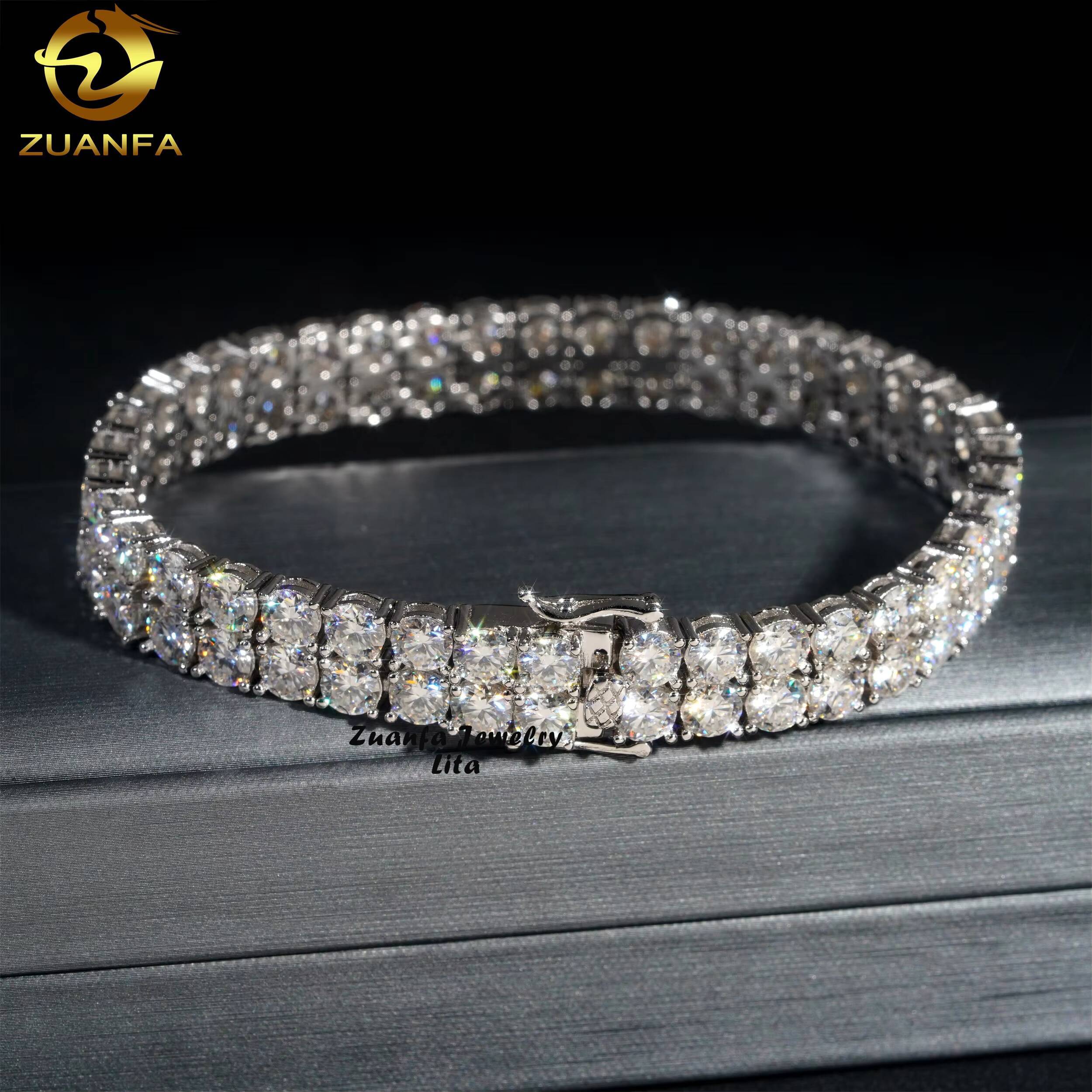 Hip Hop Rapper D Color VVS Diamond Silver Gold Plated 10mm Two Rows Moissanite Tennis Chain Bracelet