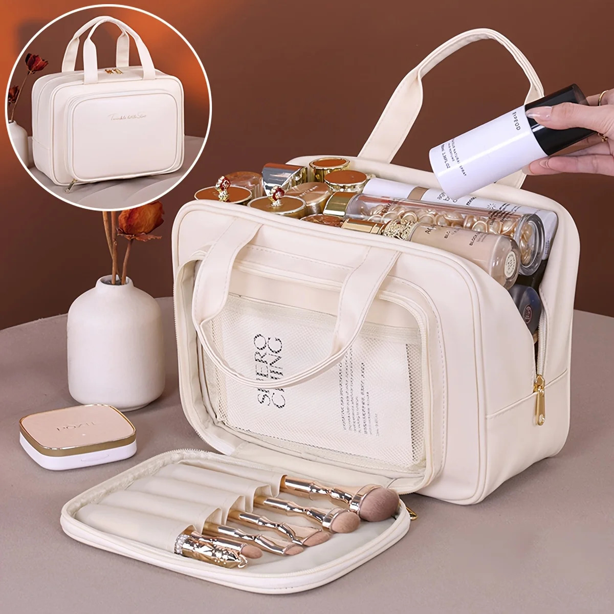 Double-Layer PU Makeup Bag Beauty Makeup Storage Bag With Zipper Close Makeup Brush Bag Business Travel Toiletries Sorting Bag 250731