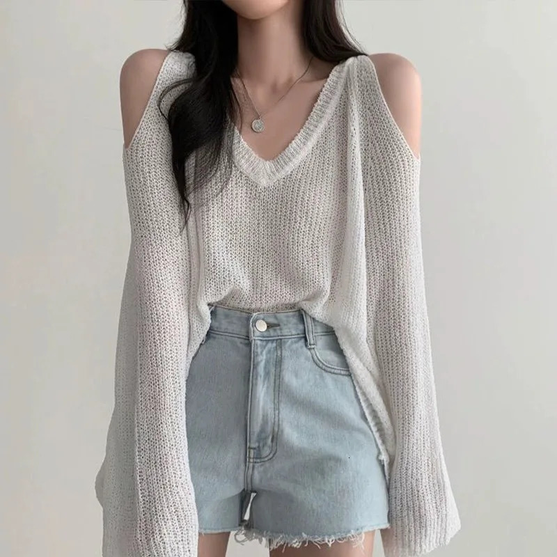Women Sexy Hollow Out Sweater Off Shoulder VNeck Loose Knit Thin Jumpers Fashion Solid Streetwear Pullovers Long Sleeve Top Y2K 250731