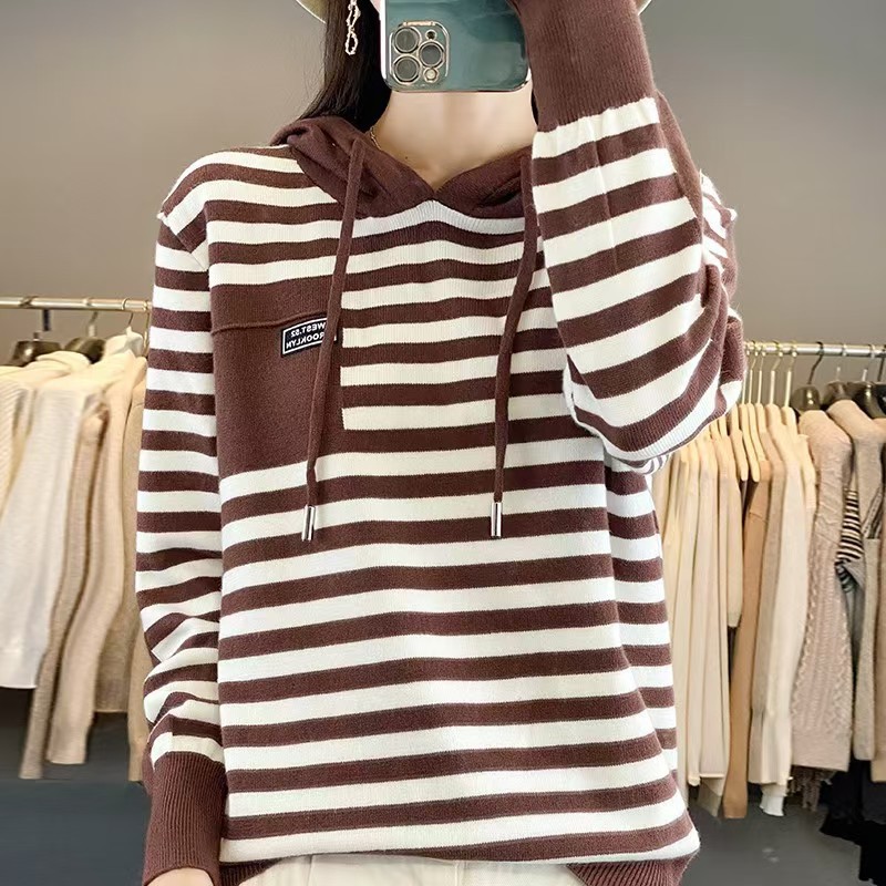 Women's autumn and winter striped hoodie knitted blouse loose large size fashion western style hooded casual sweater