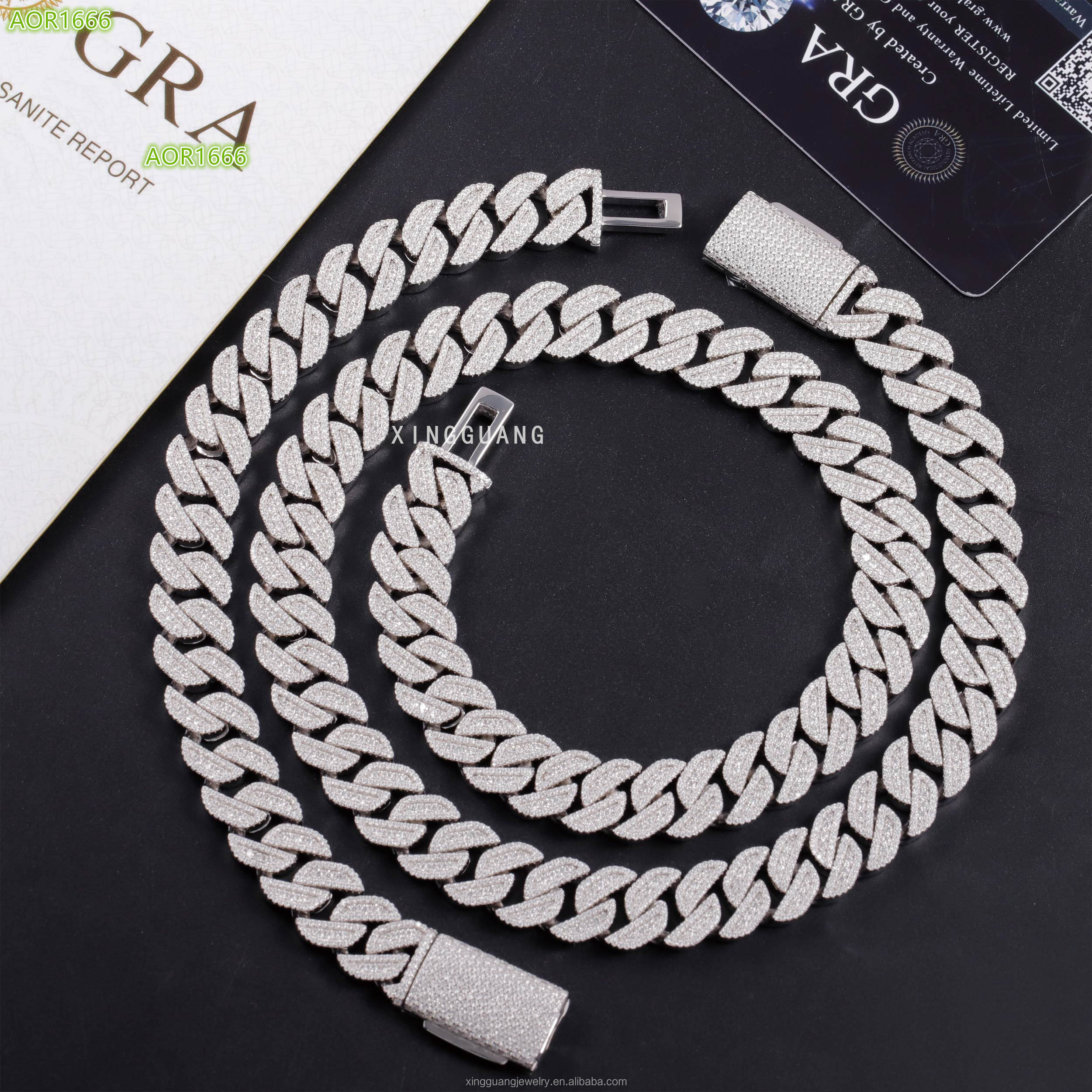 Heavy Hip Hop Necklace 14MM 3Rows Rhombus Chain S925 Silver Cuban Link White Gold Plated Moissanite Diamond Cuban Link Chain