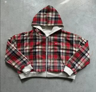 Korean street retro doublesided plaid loose zipper hoodie mens Y2K Harajuku hiphop gothic couple casual simple sweatshirt 250731