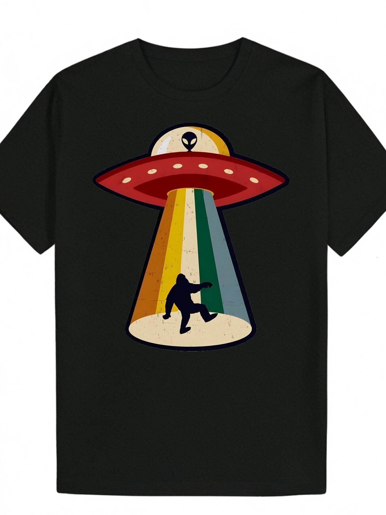Men's Summer Casual T-Shirt - Black Polyester with Colorful UFO and Alien Patterns, Round Neck, Machine Washable